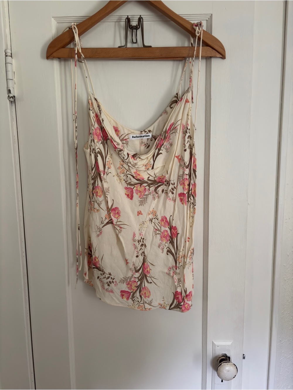 Reformation Cream Floral Cowl Tank with Pink Blooms